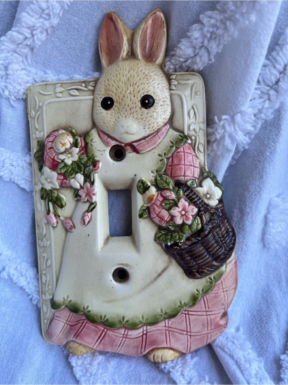 Vintage Takahashi Bunny Floral Decorative Light Switch Plate - Pink & Cream